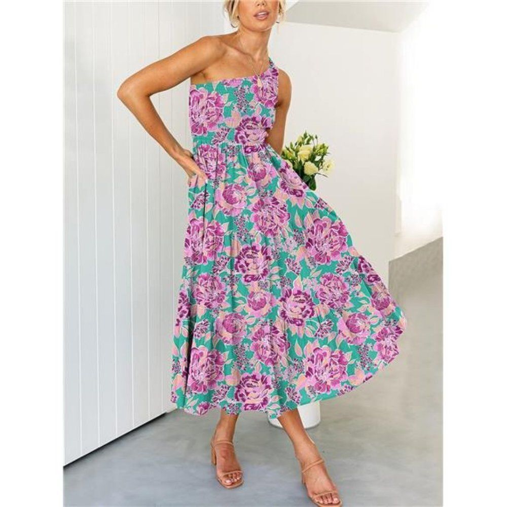 One Shoulder Sleeveless Smocked Ruffle Tiered - Picture 2 of 5